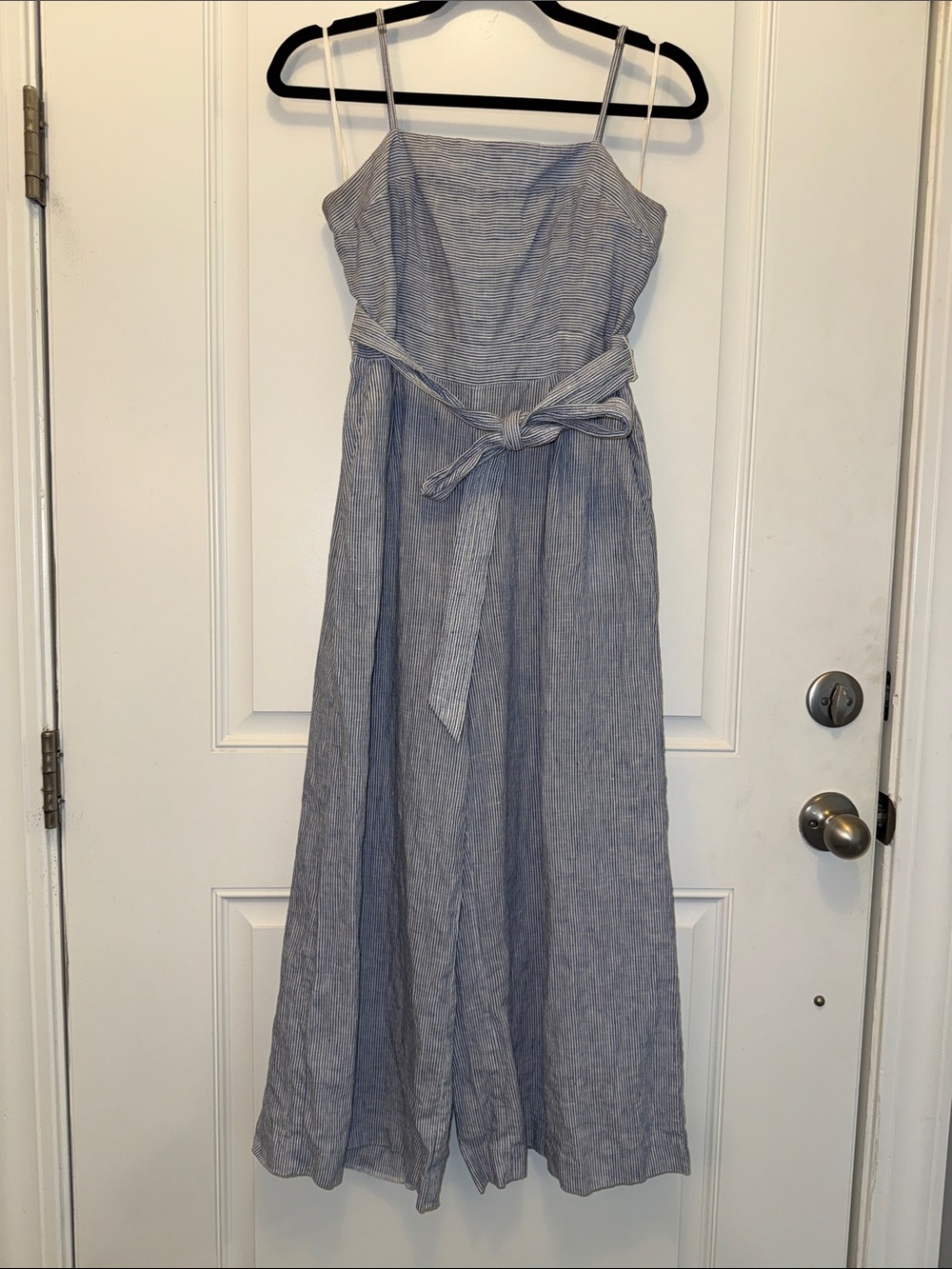 J Crew size 6 Petite Striped Blue Linen-Blend Sleeveless Jumpsuit with Tie Waist